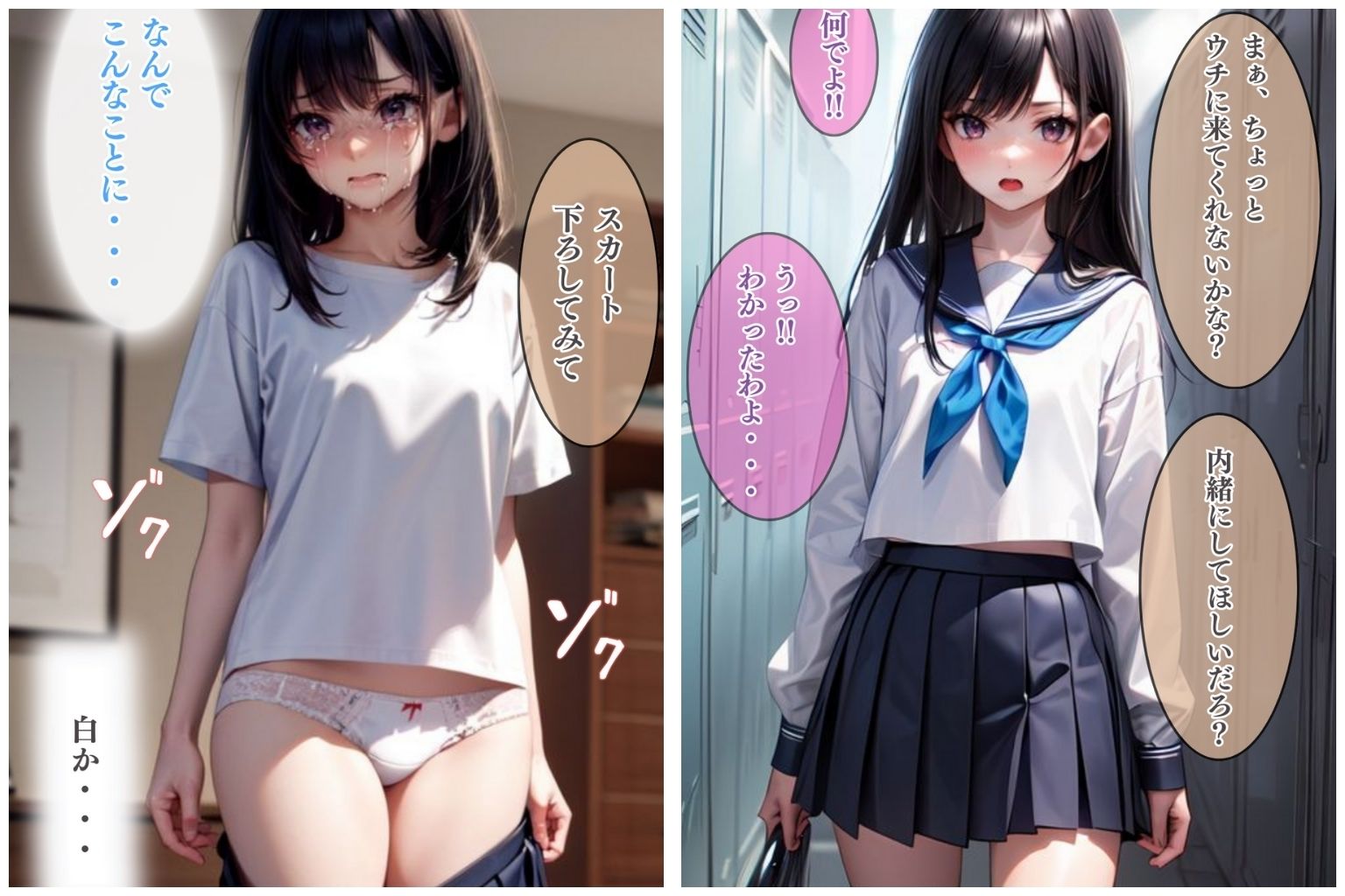 【セリフ付き二次】脅されたJKが無理やり露出＆犯される！[セリフつき二次元AIエロ画像]