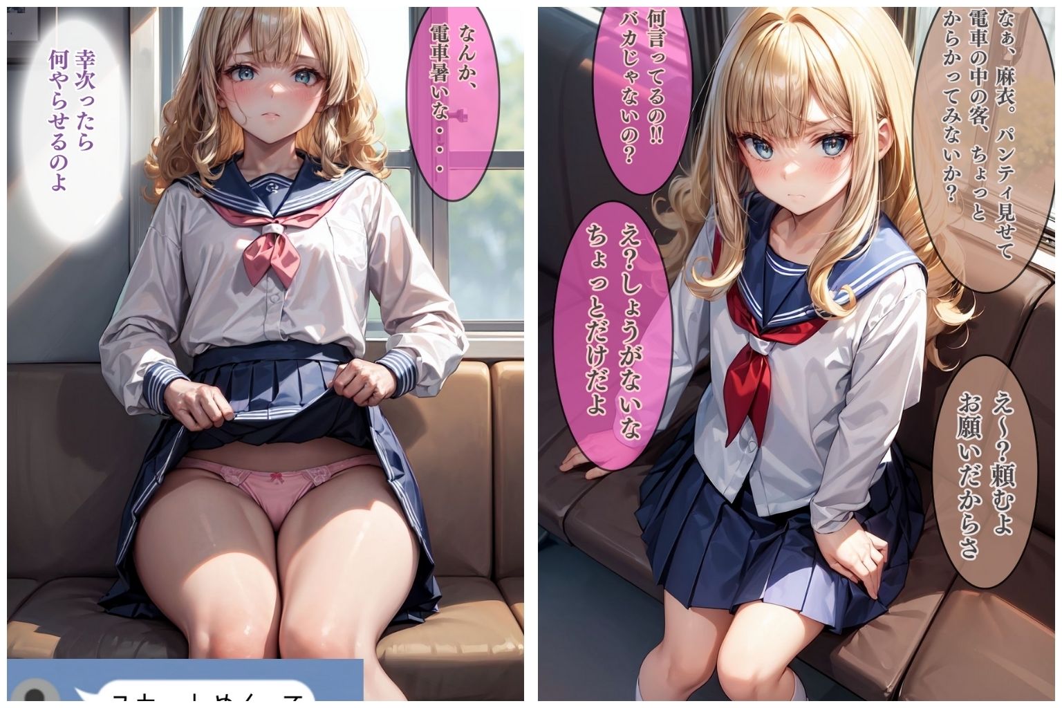 【セリフ付き二次】脅されたJKが無理やり露出＆犯される！[セリフつき二次元AIエロ画像]