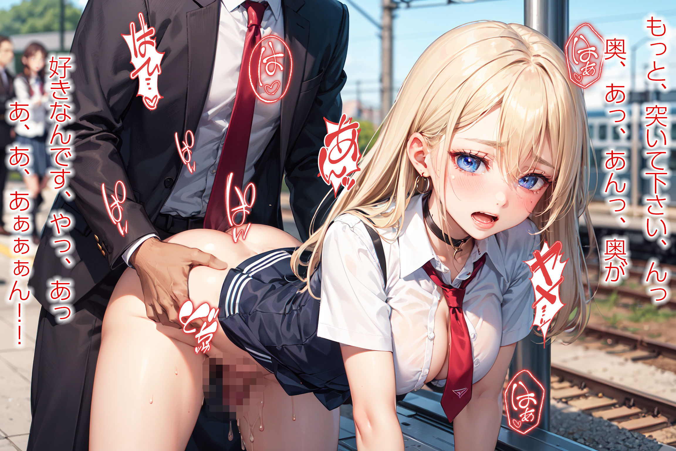 【二次】金髪ギャルJKが電車で青姦セックス///[セリフ付き二次元AIエロ画像]