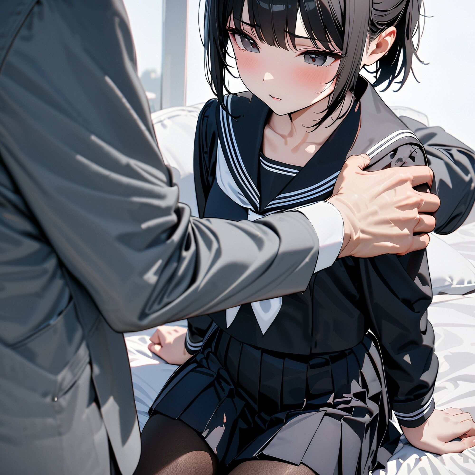【二次】黒タイツを履いた制服JKにエッチなマッサージをする二次元AIエロ画像