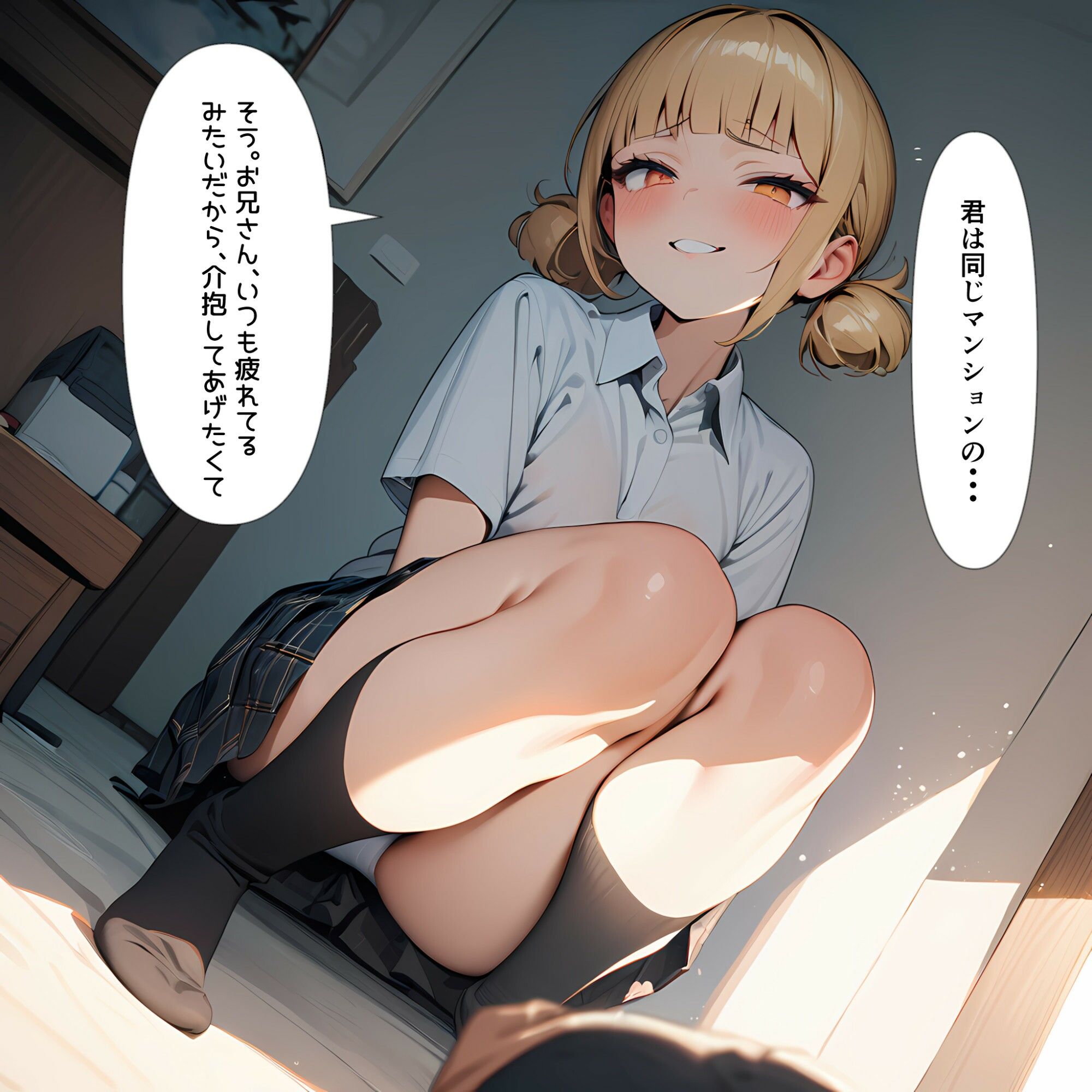 【台詞つき二次】金髪JKに監禁されてエッチなことされるセリフ付きエロ画像(はじまり編)[二次元AIエロ画像]