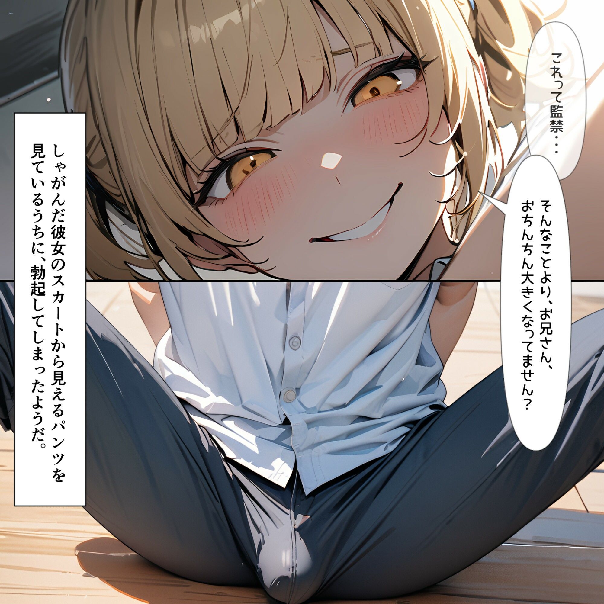 【台詞つき二次】金髪JKに監禁されてエッチなことされるセリフ付きエロ画像(はじまり編)[二次元AIエロ画像]
