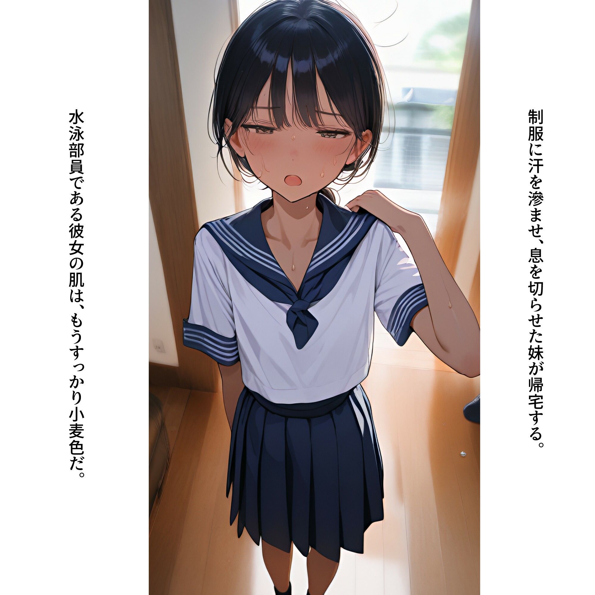 【二次】日焼けしたスレンダーなJK妹に悪戯しちゃう二次元AIエロ画像