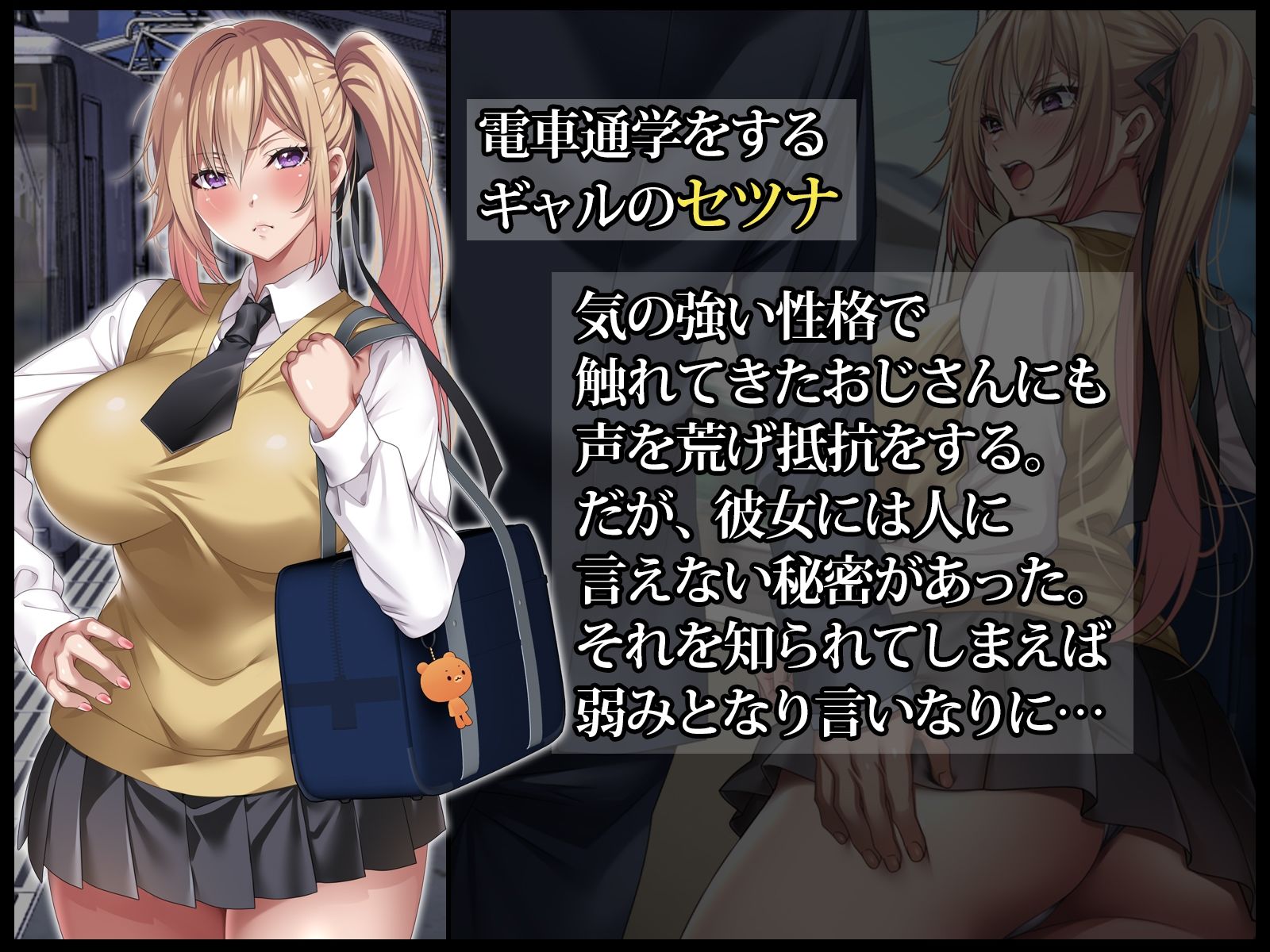 【台詞つきNTR二次】電車内でレイプされる爆乳JKたちのセリフ付き二次元エロ画像
