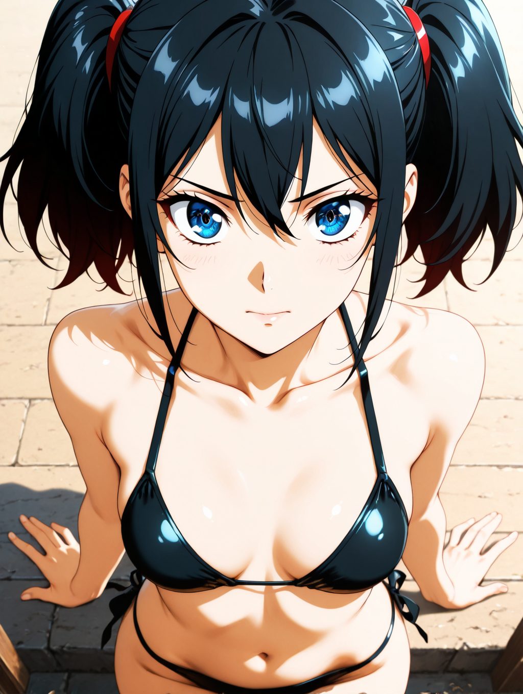 【二次・微エロ】黒ビキニとツインテールの二次元AIエロ画像(オリジナル)