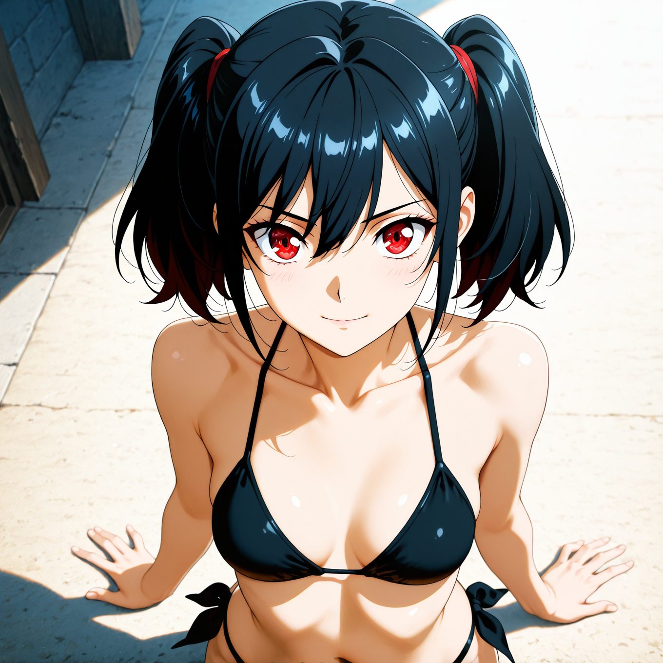 【二次・微エロ】黒ビキニとツインテールの二次元AIエロ画像(オリジナル)