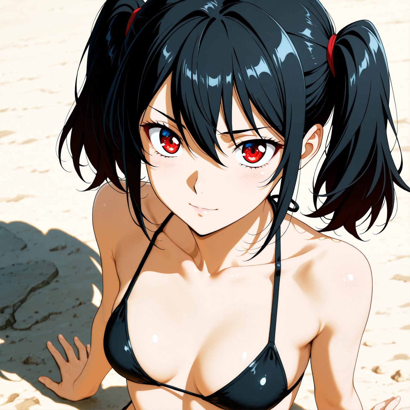 【二次・微エロ】黒ビキニとツインテールの二次元AIエロ画像(オリジナル)