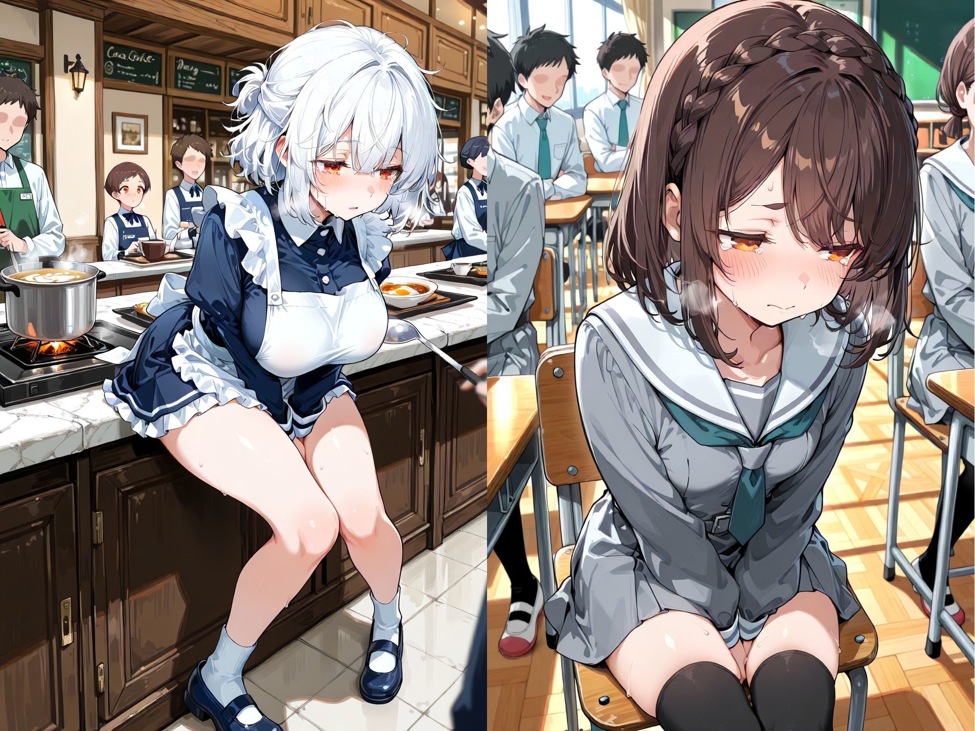 【二次】縦筋にびっしょり濡れシミ♡聖水お漏らしシーンをこっそり覗き見する至高のフェティッシュアングルの二次元AIエロ画像