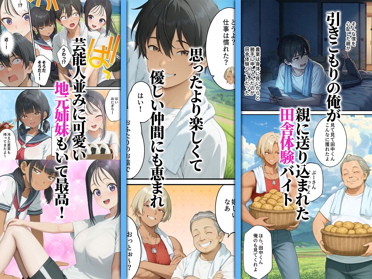 【AI漫画】美人姉妹と田舎で開放感中出しセックス!姉妹Wフェラや5人グループ乱交を堪能するAIエロマンガ