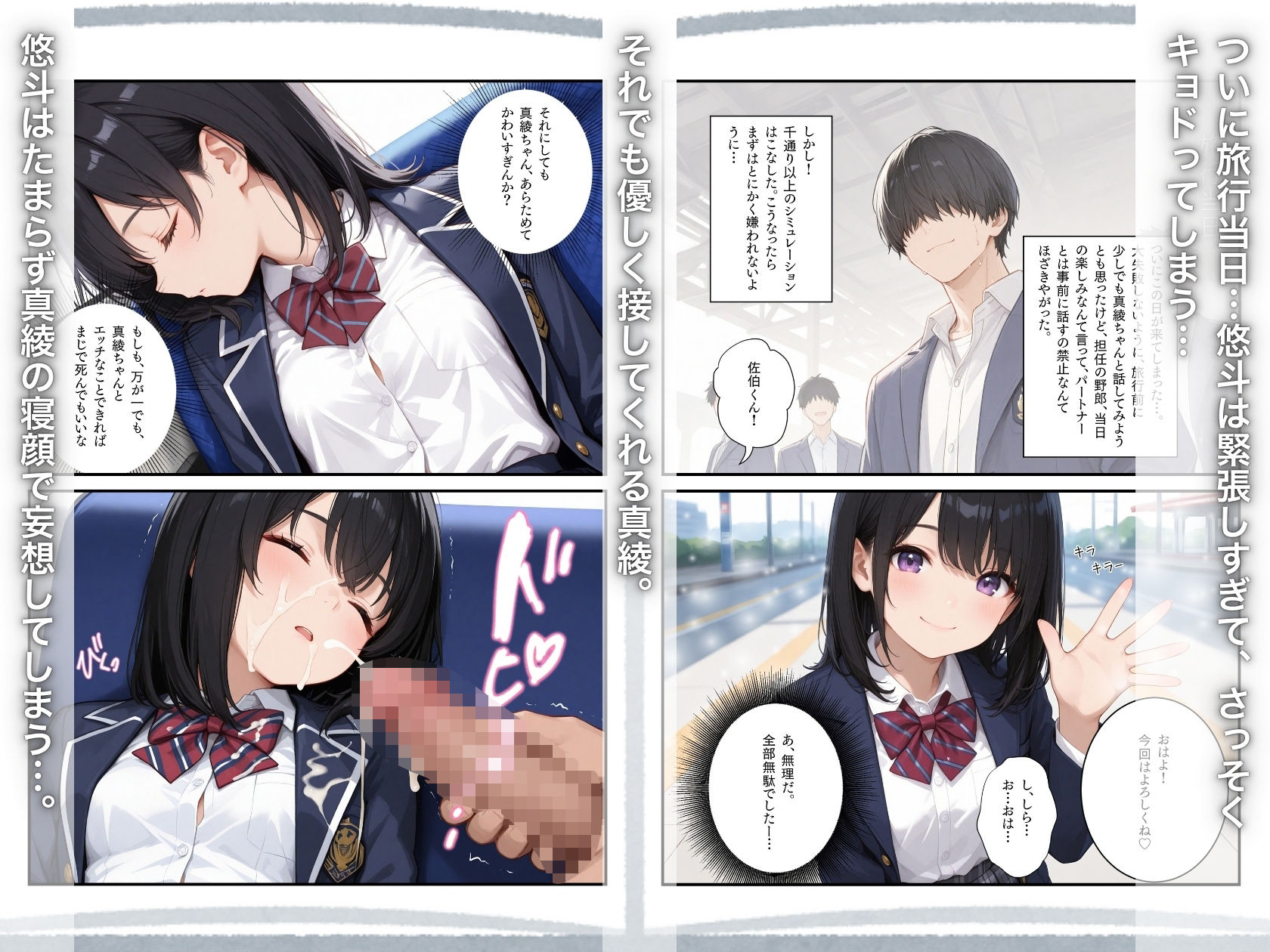 【セリフ付き二次】ナマH開始♡女子生徒と修学旅行先で赤ちゃん製造行為に励んでしまうセリフ付き二次元AIエロ画像