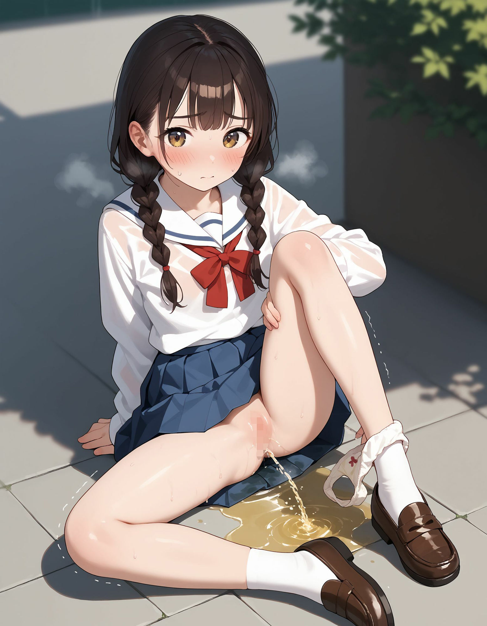 【二次】おしっこ溢れちゃう漏れちゃう!大量お漏らしの美少女JKの困惑顔がそそる二次元AIエロ画像