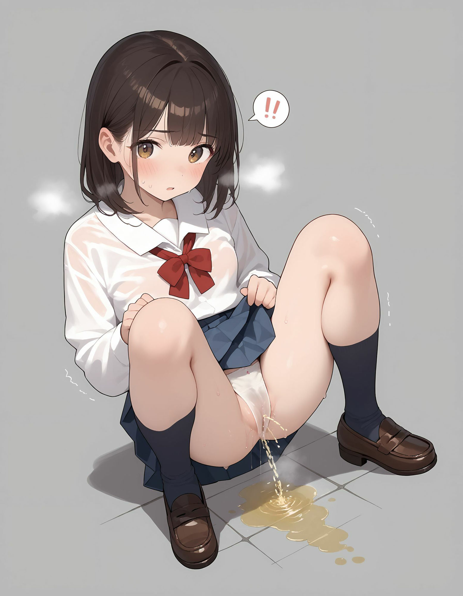 【二次】おしっこ溢れちゃう漏れちゃう!大量お漏らしの美少女JKの困惑顔がそそる二次元AIエロ画像